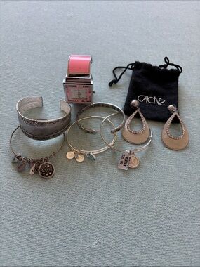 Silver-Tone Charm Bangle Bracelet Set - Mixed Charms. Earrings and Watch
